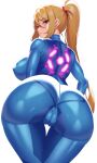  1girl ass back blonde_hair blue_bodysuit blue_eyes bodysuit breasts covered_nipples highres large_breasts long_hair looking_at_viewer looking_back metroid ponytail puffy_nipples samus_aran sidelocks solo swept_bangs thighs volyz white_background zero_suit 