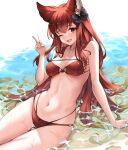  1girl ;d animal_ears anthuria bikini black_ribbon breasts commentary_request granblue_fantasy highres koretsuki_azuma looking_at_viewer medium_breasts navel one_eye_closed open_mouth partially_submerged red_bikini red_eyes red_hair ribbon smile solo swimsuit v water 