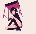  bad_id bad_pixiv_id black_hair blush cardigan desk furukawa_wanosuke hair_ribbon looking_at_viewer original panties red_eyes ribbon short_hair side_ponytail skirt solo squatting under_table underwear 