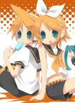  1boy 2girls belt blonde_hair blue_eyes blush bow food hair_bow hatsune_miku headphones holding holding_food holding_popsicle kagamine_len kagamine_rin midriff multiple_girls navel neckerchief open_mouth popsicle sailor_collar shirt short_hair short_sleeves shorts sitting sleeveless sleeveless_shirt vocaloid yuzuki_gao 