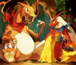  beak blaziken blonde_hair blue_eyes charizard claws colored_sclera dragon dragon_wings emunise fire green_eyes grey_eyes horns looking_at_another multicolored_fur no_humans open_mouth pokemon pokemon_(creature) pokemon_mystery_dungeon red_fur sitting smile white_fur wings yellow_fur yellow_sclera 