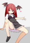  1girl bat_wings black_footwear black_skirt black_vest breasts closed_mouth commentary_request frilled_skirt frills grey_background head_wings heart hekkmushi highres koakuma long_hair looking_at_viewer red_hair red_pupils short_sleeves skirt smile solo touhou two-tone_background vest w wings 