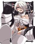  1girl angel_(kof) bandaged_arm bandaged_chest bandaged_leg bandages blue_eyes breasts claw_pose cleavage costume hair_over_one_eye halloween halloween_costume highres jack-o&#039;-lantern large_breasts looking_at_viewer mummy mummy_costume naked_bandage navel open_mouth short_hair smile snk solo the_king_of_fighters the_king_of_fighters_all-stars toned white_hair yoshiikirablr 