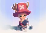 1boy absurdres animal_ears antlers antlers_through_headwear artist_name black_eyes book closed_mouth commentary deboranag deer_ears english_commentary full_body hat highres holding holding_book hooves horns male_focus one_piece open_book pink_hat reading reindeer_antlers sitting sitting_on_books smile solo tony_tony_chopper 