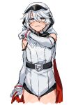  1girl absurdres bare_shoulders belt black_belt blush cowboy_shot cropped_legs crying eyemask grey_leotard hand_up highres hood hood_up hooded_leotard leotard red_eyes shy_(character) shy_(series) simple_background solo standing takatisakana tears teeth white_background 