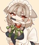  animal_ears back_bow blush_stickers bow braid breasts collar dog_ears dog_girl extra_ears grey_hair hair_bow heart heart-shaped_pupils highres izayoi_sakuya knife_in_mouth leash looking_to_the_side magical_495 maid_headdress mouth_hold red_eyes short_sleeves side_braids solo sweat symbol-shaped_pupils tail thick_eyebrows touhou 