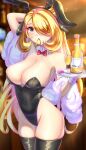  1girl alcohol alternate_costume animal_ears anisdrawn backlighting bar_(place) bare_shoulders black_hairband black_leotard black_thighhighs blonde_hair blurry blurry_background bottle bow bowtie breasts cleavage condom condom_wrapper covered_navel cowboy_shot cynthia_(pokemon) detached_collar fake_animal_ears feather_boa glint grey_eyes hair_over_one_eye hair_tie_in_mouth hairband high_ponytail highleg highleg_leotard highres holding holding_tray large_breasts leotard liquor long_hair looking_at_viewer mouth_hold playboy_bunny pokemon pokemon_dppt rabbit_ears red_bow red_bowtie solo thighhighs tray tying_hair very_long_hair wing_collar wrist_cuffs 