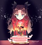  birthday_cake blue_eyes brown_hair byulrorqual cake candle fate/stay_night fate_(series) food hair_ribbon long_hair ribbon solo toosaka_rin two_side_up 