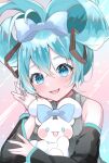  1girl blue_bow blue_eyes blue_hair blush bow cinnamiku cinnamoroll collared_shirt detached_sleeves eyelashes gradient_background grey_shirt hatsune_miku highres looking_at_viewer open_mouth sanrio shirt solid_oval_eyes sumiyamano teeth vocaloid 