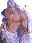  1boy abs absurdres an_kyoung biceps bishounen claws commentary_request crescent crescent_facial_mark expressionless facial_mark grey_hair highres inuyasha japanese_clothes kimono korean_commentary long_hair looking_to_the_side male_focus muscular muscular_male navel nipples off_shoulder pectorals pointy_ears sesshoumaru solo topless_male undressing upper_body very_long_hair white_background white_kimono 