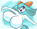  2019 3_fingers big_breasts blue_body blue_hair breasts digital_media_(artwork) featureless_breasts female fingers generation_3_pokemon hair happy huge_breasts kirlia latiar looking_at_viewer multicolored_body name_drop nintendo one_eye_obstructed open_mouth pokemon pokemon_(species) red_eyes rui_(sugaru) shiny_pokemon simple_background solo standing text tongue two_tone_body white_body white_text 