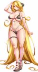  1girl absurdly_long_hair anisdrawn arm_strap arm_up ass_visible_through_thighs bikini black_bikini black_choker blonde_hair blush breasts choker collarbone curvy cynthia_(pokemon) full_body grey_eyes hair_ornament hair_over_one_eye highres large_breasts long_hair looking_at_viewer navel pokemon pokemon_dppt simple_background skindentation solo standing stomach strap_gap swimsuit thigh_strap thighs very_long_hair wedge_heels white_background 