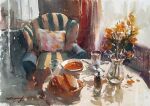  armchair basket bowl chair cup cushion day drinking_glass falling_petals flower indoors interior nara_watercolor original painting_(medium) petals scenery shadow sunlight traditional_media water watercolor_(medium) window yellow_flower 