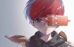  1girl backpack bag blue_hair brown_bag closed_mouth commentary expressionless eyelashes glasses grey_background grey_eyes highres hood hoodie looking_at_viewer multicolored_hair nana_babylon penny_(pokemon) pokemon pokemon_sv portrait red_hair rotom rotom_phone round_eyewear two-tone_hair 