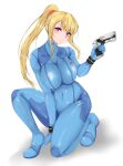  1girl blonde_hair blue_bodysuit blue_eyes bodysuit breasts covered_navel full_body gun high_ponytail highres holding holding_gun holding_weapon kneeling large_breasts looking_at_viewer metroid mole mole_under_mouth plasma_pistol ryou_(619-619) samus_aran simple_background skin_tight solo weapon white_background zero_suit 