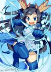  :d bad_id bad_pixiv_id black_hair blue_dress blue_eyes blue_footwear blue_gloves blue_legwear boots brass_knuckles china_dress chinese_clothes dragon_girl dragon_horns dragon_tail dress elbow_gloves gloves head_fins horns karin_(p&amp;d) leg_up long_hair open_mouth puzzle_&amp;_dragons scales short_dress smile solo spiked_knuckles spikes tail thighhighs twitter_username weapon yamanashi_taiki 