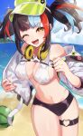  1girl absurdres beach bikini breasts fate/grand_order fate_(series) food fruit headphones headphones_around_neck highres izanaware_game jacket large_breasts multicolored_hair navel ocean sei_shounagon_(fate) sei_shounagon_(swimsuit_berserker)_(fate) swimsuit thigh_strap twintails visor_cap watermelon white_jacket yellow_eyes 