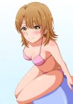  1girl ball bikini blue_background breasts brown_eyes exercise_ball feet_out_of_frame gradient_background highres isshiki_iroha konoyan light_brown_hair looking_at_viewer medium_breasts pink_bikini simple_background sitting solo swimsuit white_background yahari_ore_no_seishun_lovecome_wa_machigatteiru. 