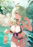  1girl absurdres bikini black_bikini blurry blurry_background breasts brown_hair ceres_fauna cleavage collarbone commentary_request cowboy_shot flower flower_bikini green_hair hair_flower hair_ornament highres holding holding_shoes hololive hololive_english horns jiang_ye_kiri lake large_breasts leaning_forward looking_at_viewer medium_hair nature navel outdoors sandals shoes solo swimsuit unworn_sandals virtual_youtuber wet yellow_eyes 