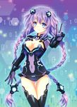  bad_id bad_pixiv_id bangs binary black_gloves black_legwear blue_eyes blush braid breasts cleavage cleavage_cutout covered_navel cowboy_shot gloves gradient gradient_background hair_ornament highres hips large_breasts leotard light_smile long_hair looking_at_viewer magical_girl narinn neptune_(series) pixelated power_symbol purple_hair purple_heart slender_waist smile solo standing symbol-shaped_pupils thigh_gap thighhighs turtleneck twin_braids v very_long_hair 