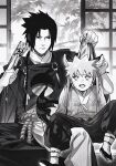  2boys absurdres animal_ears facial_mark greyscale hair_between_eyes highres indoors looking_at_another male_focus monochrome multiple_boys naruto naruto_(series) parted_bangs short_hair spiked_hair teeth uchiha_sasuke uzumaki_naruto v-shaped_eyebrows whisker_markings xinjinjumin1064741 