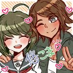  1girl ;) ahoge asahina_yuuta bangs blue_eyes blush brown_hair closed_eyes danganronpa heart jacket lowres naegi_komaru one_eye_closed school_uniform serafuku short_hair smile swept_bangs takinari_nemuri track_jacket v zettai_zetsubou_shoujo 