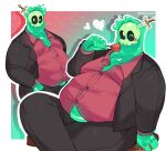  1boy bara big_belly colored_skin crossed_legs doug_(monster_prom) fat fat_man flower green_skin heart highres looking_at_viewer male_focus monster_boy monster_prom multiple_views nifast_(greentail) object_through_head one_eye_closed partially_unbuttoned rose see-through sitting slime_boy sword_in_head tareme 