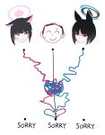  1boy 2girls anger_vein animal_ears black_eyes black_hair blue_archive blue_halo cat_ears closed_mouth doodle_sensei_(blue_archive) false_smile hair_ornament hairclip halo highres kazusa_(blue_archive) kikyou_(blue_archive) multiple_girls otsdarva0079 pink_hair pink_halo red_eyes sensei_(blue_archive) shaded_face short_hair simple_background smile white_background 
