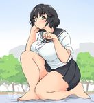  1girl banned_artist barefoot black_hair blush breasts brown_eyes giantess head_rest kneeling large_breasts legs looking_at_viewer mikomu miniboy original pleated_skirt plump school_uniform serafuku short_hair skirt solo_focus tree 