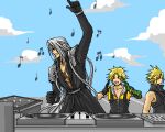  3boys :o arm_up armor belt black_coat black_gloves black_overalls black_vest blonde_hair blue_sky bracer chest_strap closed_eyes cloud cloud_strife cloudy_sky coat commentary dancing dj facing_to_the_side final_fantasy final_fantasy_vii final_fantasy_vii_advent_children final_fantasy_x gloves green_gloves grey_hair hands_up happy long_bangs long_coat long_hair long_sleeves lowres male_focus multiple_boys music musical_note open_mouth overalls parted_bangs pauldrons popochan-f record sephiroth short_hair shoulder_armor shoulder_strap sky smile spiked_hair tidus turntable upper_body very_long_hair vest yellow_vest 