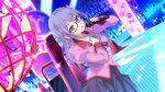  1girl 22/7 22/7_ongaku_no_jikan animal_print bakemonogatari black-framed_eyewear blue_eyes blue_hair boxcutter braid cat_print collarbone concert cosplay dutch_angle game_cg glowstick hair_ornament hair_ribbon hand_on_own_chest hanekawa_tsubasa hanekawa_tsubasa_(cosplay) highres holding holding_microphone idol indoors jungle_gym light_blue_hair long_sleeves looking_at_viewer maruyama_akane microphone monogatari_(series) naoetsu_high_school_uniform no_parking_sign non-web_source official_art paw_print pink_shirt pleated_skirt puffy_sleeves purple_ribbon purple_skirt rectangular_eyewear ribbon road_sign school_uniform semi-rimless_eyewear shirt sign single_braid skirt solo sparkle stage_lights stop_sign traffic_cone under-rim_eyewear 