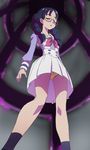  blue_hair braid closed_eyes dress glasses go!_princess_precure haruyama_kazunori long_hair nanase_yui noble_academy_school_uniform panties precure school_uniform solo twin_braids underwear yellow_panties 