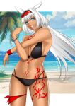  1girl absurdres animal_ears bare_shoulders beach bikini black_bikini blue_eyes body_markings breasts caenis_(fate) caenis_(swimsuit_rider)_(fate) caenis_(swimsuit_rider)_(first_ascension)_(fate) cleavage collarbone dark-skinned_female dark_skin fate/grand_order fate_(series) goggles grin hairband highres large_breasts long_hair looking_at_viewer navel smile solo swimsuit thighs tomotomow00w very_long_hair white_hair 