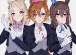  3girls admire_vega_(umamusume) alternate_costume animal_ears arm_behind_back black_jacket black_pants black_suit blonde_hair blush bow bowtie brown_hair butler closed_mouth collared_shirt crown ear_covers ear_ornament ear_piercing female_butler formal gloves hair_between_eyes hair_ribbon highres horse_ears horse_girl horse_tail jacket long_hair looking_at_viewer moe_(lmi84) multicolored_hair multiple_girls narita_top_road_(umamusume) open_mouth orange_hair orange_tail pants parted_bangs piercing ponytail purple_bow purple_bowtie purple_eyes ribbon shirt short_hair simple_background single_ear_cover streaked_hair suit t.m._opera_o_(umamusume) tail tuxedo tuxedo_shirt umamusume white_background white_gloves white_hair white_ribbon white_shirt 