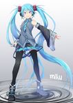  absurdly_long_hair black_legwear blue_eyes blue_hair character_name detached_sleeves fu-ta full_body hatsune_miku headphones long_hair looking_at_viewer necktie outstretched_arm skirt solo thighhighs twintails very_long_hair vocaloid 