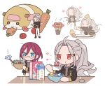  2boys adam_(ensemble_stars!) bad_id bad_pixiv_id black_jacket blue_eyes bowl carrot chibi closed_eyes closed_mouth eating ensemble_stars! feeding flower food food_on_face gem grey_hair hair_between_eyes highres holding holding_bowl holding_carrot holding_watering_can jacket long_hair long_sleeves male_focus meremero milk_carton molcar multiple_boys multiple_views pants plant ponytail potted_plant pui_pui_molcar ran_nagisa red_eyes red_flower saegusa_ibara salad short_hair simple_background standing stretching tomato watering_can white_background white_pants 