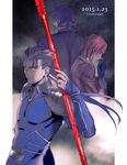  2boys bazett_fraga_mcremitz blue_hair brown_hair fate/hollow_ataraxia fate/stay_night fate_(series) formal gae_bolg kotomine_kirei multiple_boys polearm ponytail purple_hair spear suit taa_(acid) weapon 