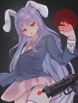  1girl absurdres animal_ears blazer carrot_necklace finger_gun highres jacket jewelry long_hair lunatic_gun necklace necktie open_mouth pink_skirt purple_hair rabbit_ears rabbit_girl rabbit_tail red_eyes red_necktie reisen_udongein_inaba riripika_2525 skirt tail touhou 