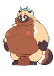  absurd_res anthro balls belly big_balls big_belly brown_body brown_fur canid canine flaccid fur genitals hi_res leaf leaf_on_head male mammal moobs navel nipples nude overweight overweight_anthro overweight_male penis quanjiang raccoon_dog simple_background solo tanuki 