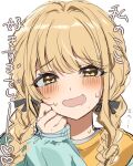  1girl :d black_ribbon blonde_hair blush braid commentary_request drooling fujita_kotone fuyu_2320 gakuen_idolmaster green_jacket hair_ribbon highres idolmaster jacket long_sleeves looking_at_viewer low_twin_braids mouth_drool open_clothes open_jacket open_mouth ribbon shirt sidelocks simple_background sleeves_past_wrists smile solo sweat translation_request twin_braids upper_body yellow_eyes yellow_shirt 