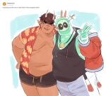  2boys alternate_body_size bara big_belly black_tank_top colored_skin cosplay costume_switch cowboy_shot doug_(monster_prom) fat fat_man friends green_skin highres ifer_(greentail) male_focus manboobs monster_boy monster_prom multiple_boys nifast_(greentail) obese object_through_head original scar see-through short_shorts shorts slime_boy sword_in_head tank_top tareme v v_over_head 