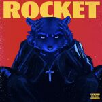 1:1 album_cover album_redraw anthro arms_on_knees blue_and_red clothing cover cross cross_necklace guardians_of_the_galaxy gwen_the_psychic hand_on_head hi_res jewelry looking_at_viewer male mammal marvel necklace parental_advisory_sticker procyonid raccoon red_background ring_(jewelry) rocket_raccoon rogertaylorswift simple_background solo starboy_(album) text the_weeknd whiskers yellow_text