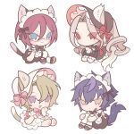  4boys animal_ears bad_id bad_pixiv_id black_dress black_ribbon blue_eyes blue_hair bonnet cat_boy cat_ears cat_tail chibi chibi_only closed_mouth crossdressing dress ensemble_stars! frilled_dress frills full_body glasses green_hair hair_between_eyes hair_ribbon hand_up lolita_fashion long_hair long_sleeves looking_at_viewer maid maid_headdress male_focus male_maid meremero multiple_boys open_mouth purple_eyes purple_hair ran_nagisa ribbon saegusa_ibara sazanami_jun short_hair simple_background sitting smile tail tomoe_hiyori white_background white_dress yellow_eyes 