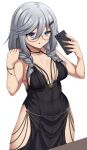  1girl act_(xadachit) alternate_costume black_dress blue_eyes breasts cowboy_shot dress girls&#039;_frontline glasses grey_hair hair_ornament hairclip highres low_twintails phone round_eyewear selfie sier_(girls&#039;_frontline) solo twintails 