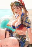  1girl beach bikini bikini_top_only blue_shorts blush breasts brown_gloves brown_hair cleavage closed_eyes collarbone cosplay dinosaur fate/grand_order fate_(series) fingerless_gloves forehead gloves goggles hair_ribbon jewelry large_breasts leonardo_da_vinci_(fate) leonardo_da_vinci_(rider)_(fate) leonardo_da_vinci_(swimsuit_ruler)_(fate) leonardo_da_vinci_(swimsuit_ruler)_(fate)_(cosplay) long_hair navel necklace open_mouth parted_bangs ponytail puffy_short_sleeves puffy_sleeves red_bikini red_ribbon ribbon shore short_shorts short_sleeves shorts shrug_(clothing) sidelocks sitting smile stegosaurus swimsuit thighs tonko_from wet 