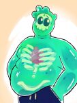  1boy bara big_belly black_male_swimwear black_sclera colored_sclera colored_skin doug_(monster_prom) fat fat_man green_skin hands_in_pockets highres looking_to_the_side male_focus male_swimwear mikesmellymike monster_boy monster_prom object_through_head pectorals see-through short_shorts shorts slime_boy solo sword_in_head tareme topless_male 