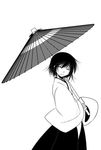 closed_eyes gon_(eng-hue) greyscale japanese_clothes miko mimei_(soudentou_no_mimei) monochrome oriental_umbrella short_hair smile solo soudentou_no_mimei umbrella 