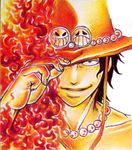  1boy fire freckles hand_on_hat hand_on_headwear hat lowres male male_focus one_piece portgas_d_ace solo stampede_string topless 