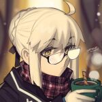  1girl ahoge artoria_pendragon_(fate) black_jacket blonde_hair boa_(brianoa) braid coffee_mug cup fate/grand_order fate_(series) french_braid glasses hair_bun highres hood hooded_jacket jacket long_hair long_sleeves mug mysterious_heroine_x_alter_(fate) mysterious_heroine_x_alter_(first_ascension)_(fate) plaid plaid_scarf red_scarf scarf sidelocks solo yellow_eyes 