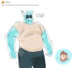  2boys alternate_skin_color arms_at_sides bara big_belly blue_skin cold colored_skin constricted_pupils doug_(monster_prom) fat fat_man highres male_focus monster_boy monster_prom multiple_boys nifast_(greentail) object_through_head pectorals scott_howl see-through short_shorts shorts slime_boy solo_focus standing sword_in_head tareme 
